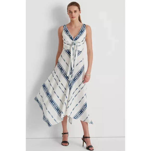 Lauren Ralph Lauren Black Label Sz 8 Handkerchief Maxi Dress 100% Linen Lined B1 - Picture 1 of 8